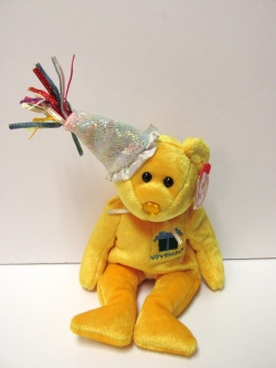 November, PARTY HAT Birthday Bear (2002 Series)<br> Ty Beanie Baby<br>(Click on picture-FULL DETAILS)